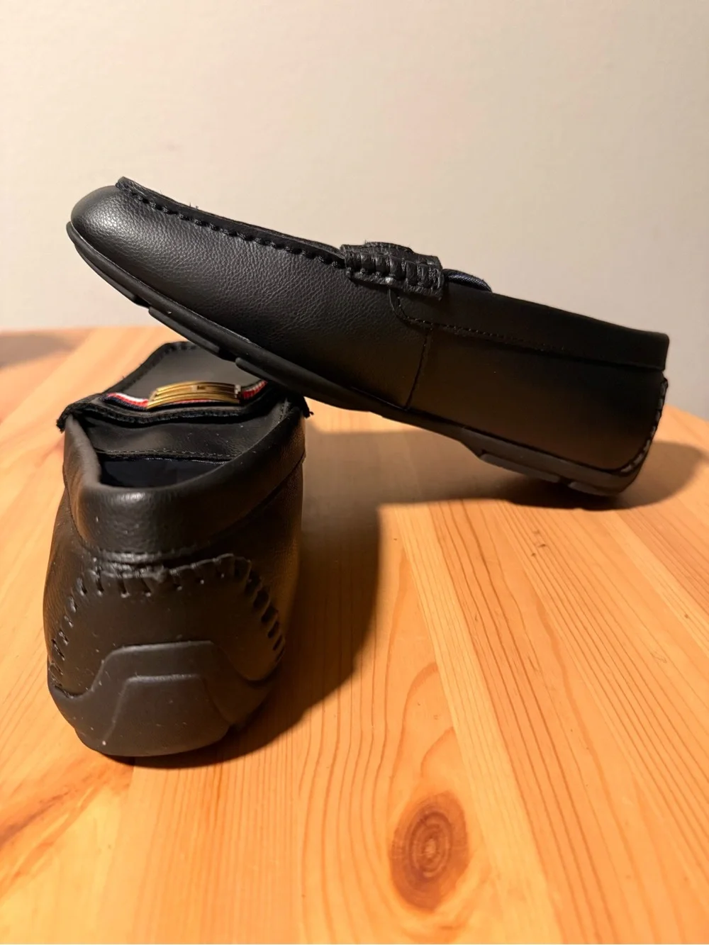 Tommy Hilfiger Black Faux Le Loafers with Red-White-Blue Ribbon and Gold Buckle